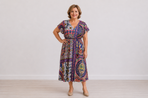 Olga Santoni női ruha, öves, V-nyakú, lepkeujj