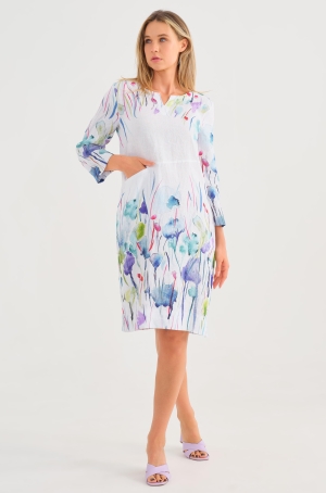 Dolcezza női ruha len, 3/4-es felgombolós ujjú,spicces nyakú,