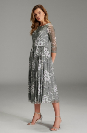 Swing női ruha midi, elasztikus, tüll, 3/4-es ujjú