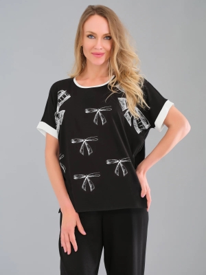 Tricotto női felső, T-ujjú, kereknyakú, masnimintás