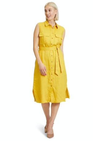 Betty Barclay női ruha, len, ujjatlan, végig gombos, öves, zsebes