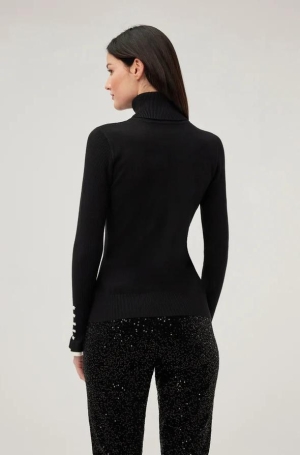 Leo & Ugo női pulóver, garbó, elöl masnis, fodros-gombos ujjú