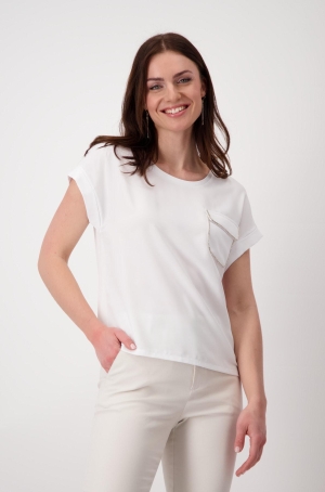 Monari női felső, szatén, strasszos zseb, japánujjú, kereknyakú