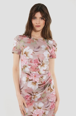 Swing női ruha, hátul sliccelt, rövidujjú, féloldalt rakott