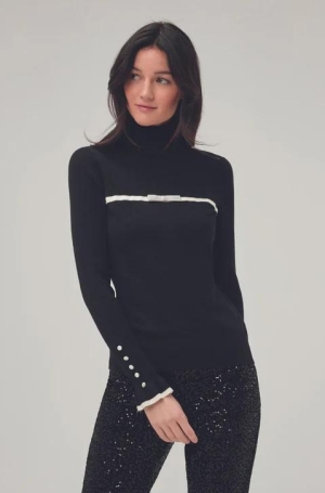 Leo & Ugo női pulóver, garbó, elöl masnis, fodros-gombos ujjú