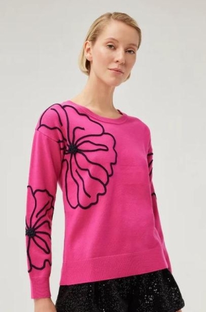 Leo & Ugo női pulóver, kereknyakú, T-ujjú, zsinóros-virágos