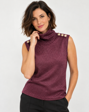 Esqualo női felső, lurex, top, garbónyakú, vállán aranygombok