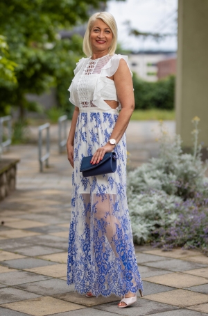 Apart női ruha, ujjatlan, hosszú, felül horgolt, alul muszlin