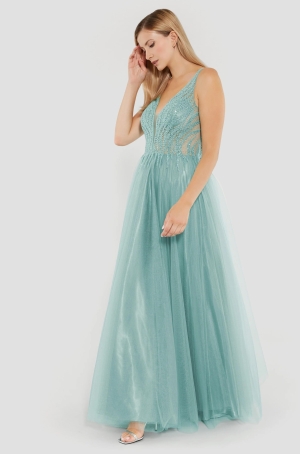 Swing női ruha, ujjatlan, gyöngyös, hosszú, alul necc