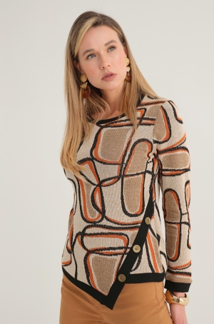 Dolcezza női pulóver hosszított,kereknyakú,oldalt díszgombok